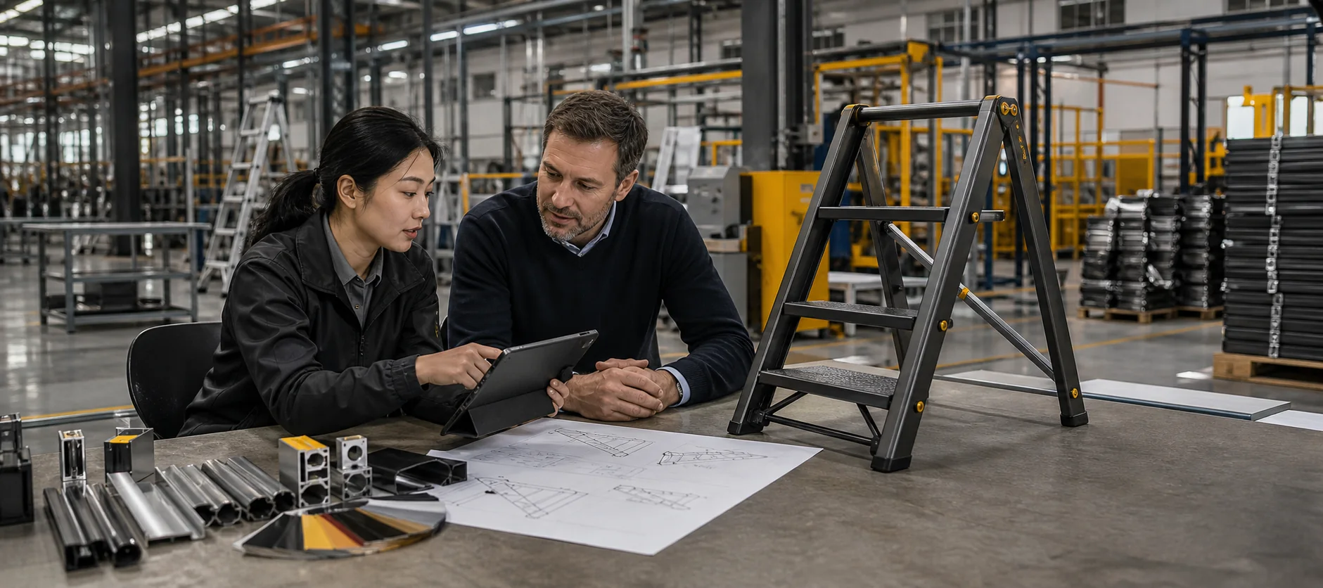 International buyer discussing ladder requirements with the ARIKLIMB factory team