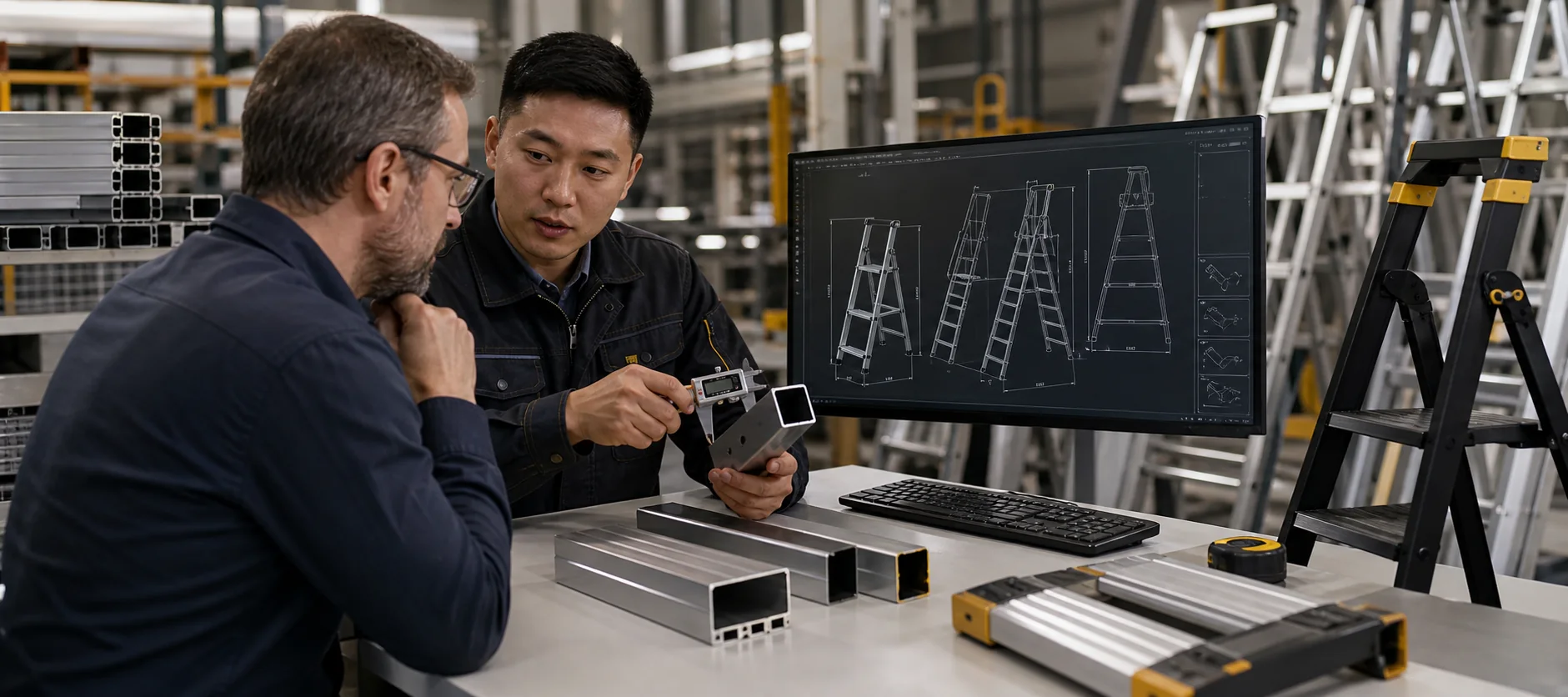 Ladder engineer reviewing dimensions and materials with an international buyer