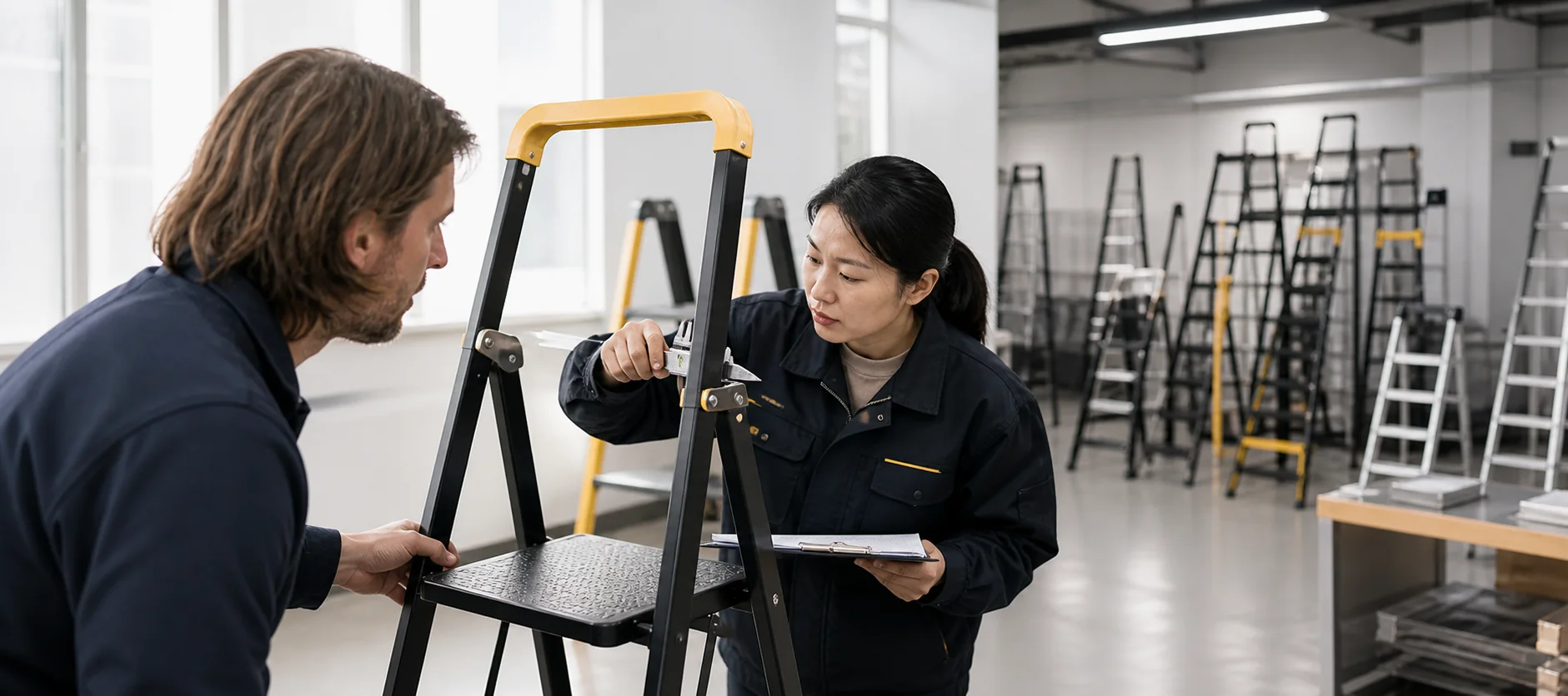 Quality engineer and buyer confirming a finished ladder sample