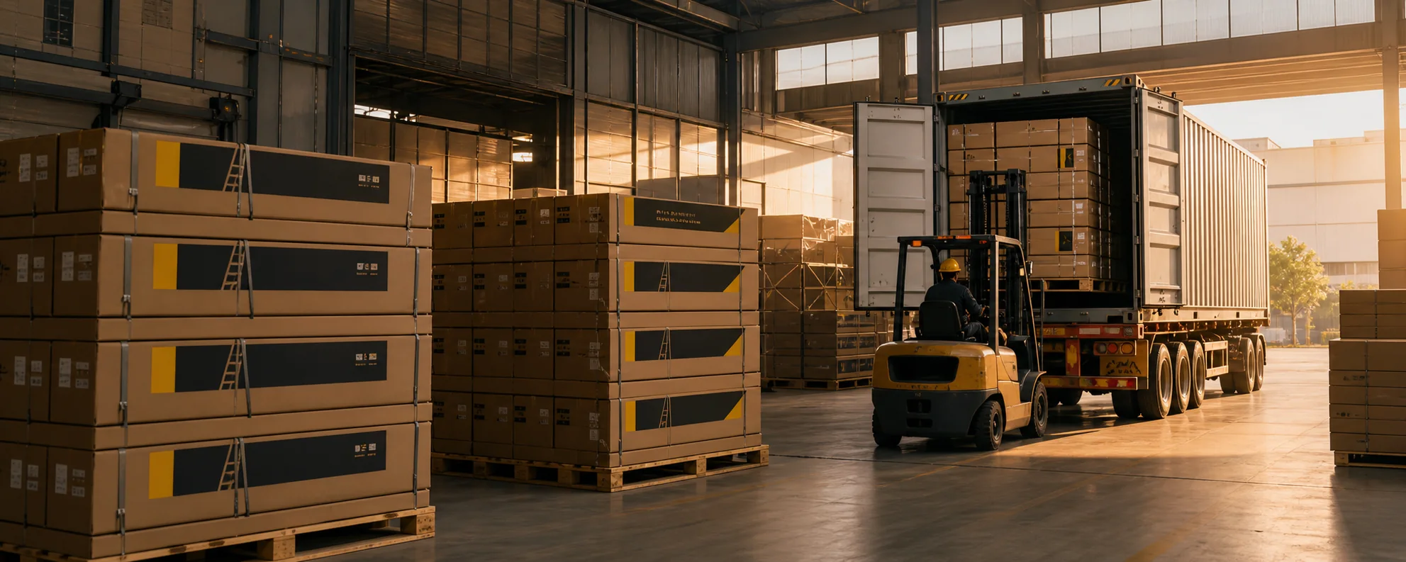 Packed ladders being loaded into a shipping container for export delivery