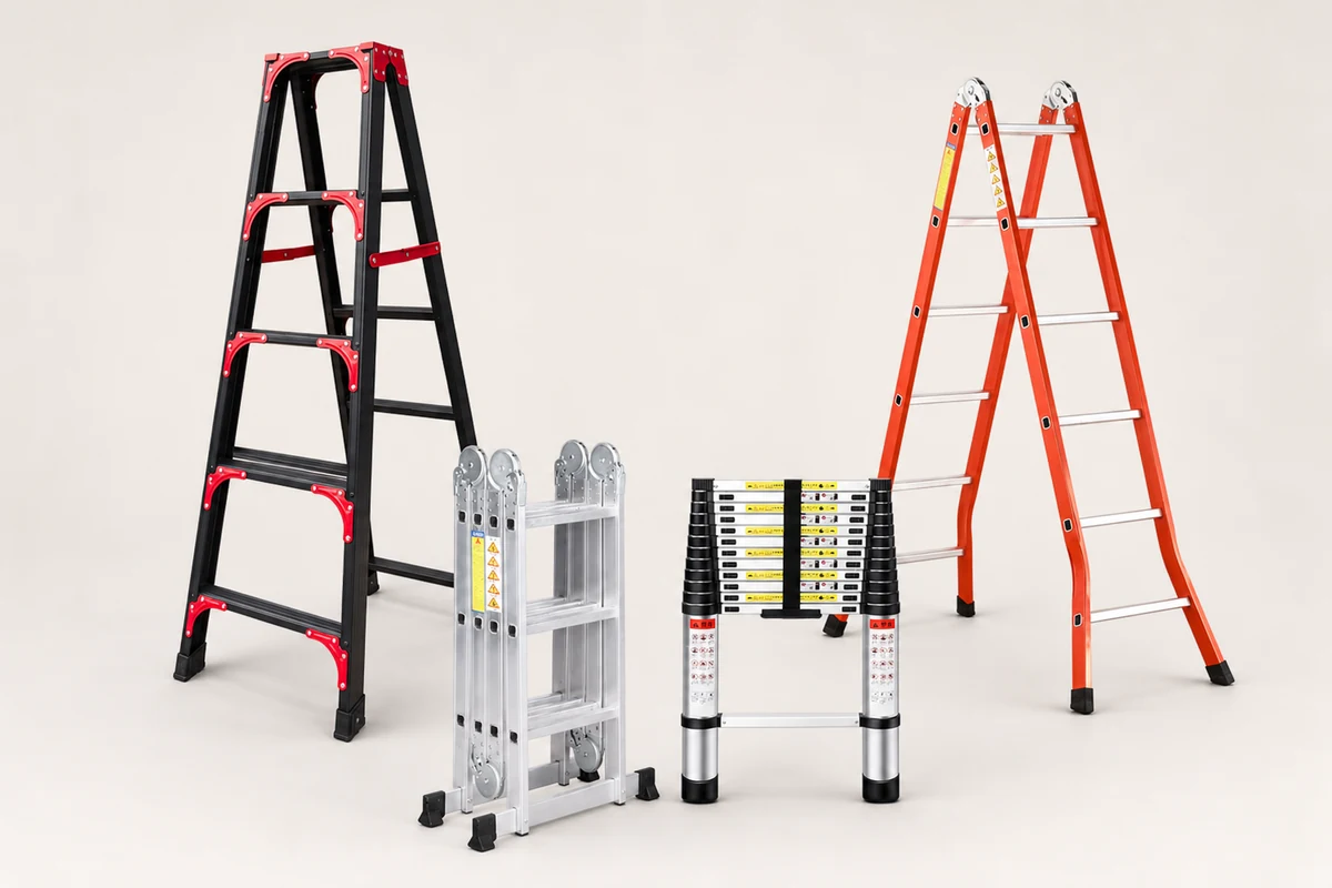 Telescopic and engineering A-frame, articulated and compact ladder family