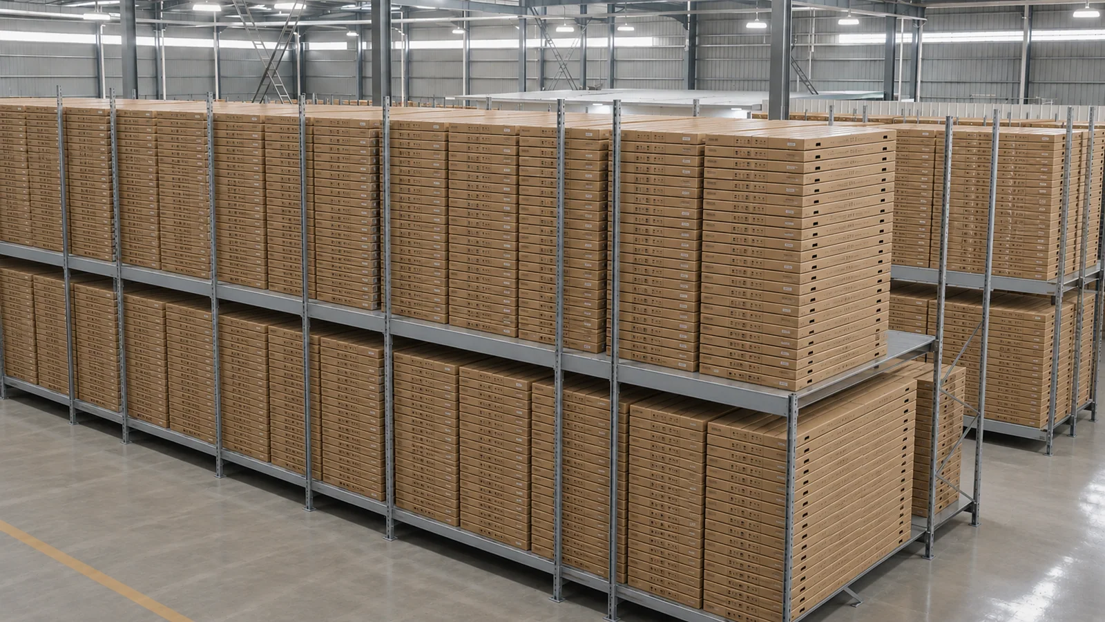 Thin export cartons stored on two-tier racks in ARIKLIMB ladder warehouse