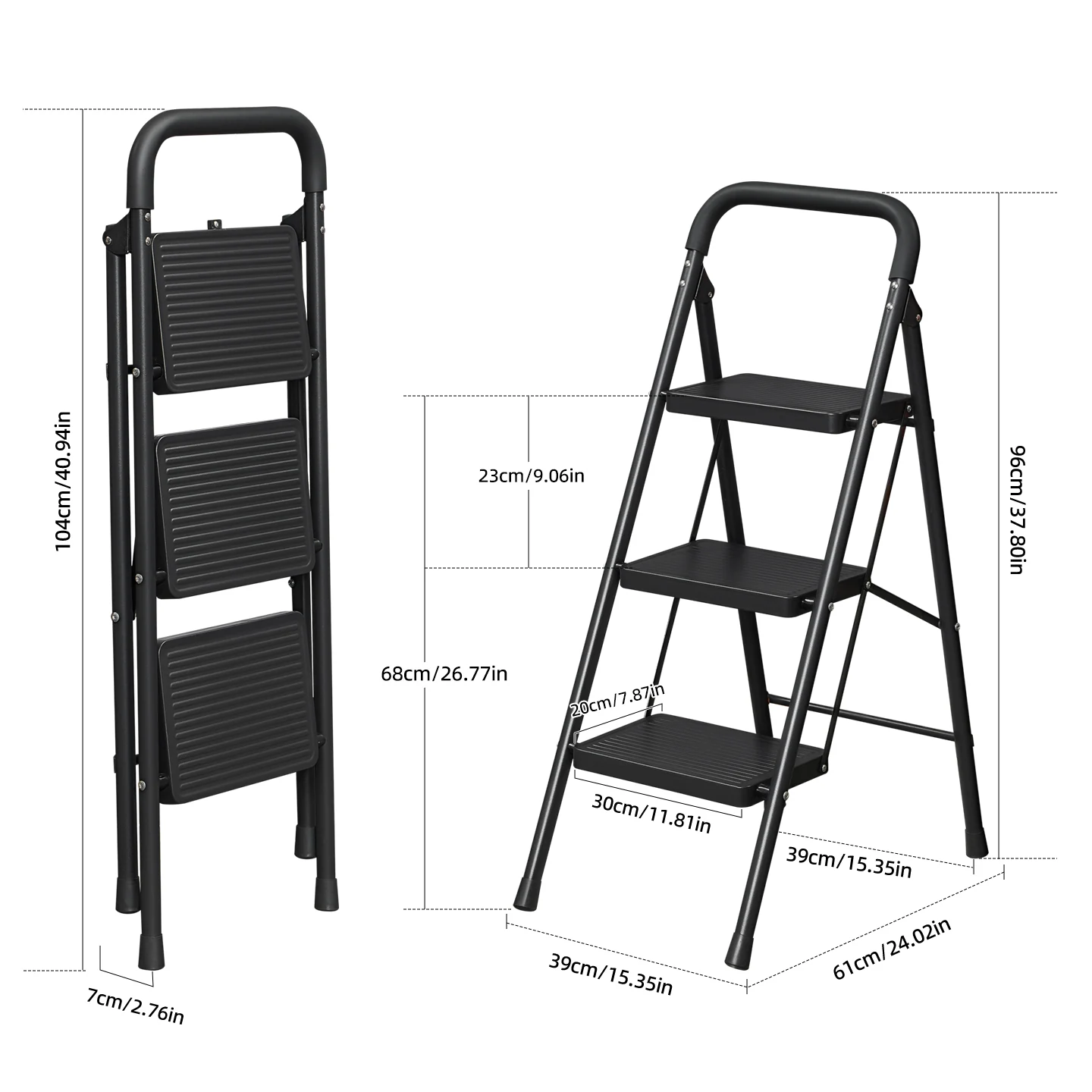 WF30H black three-step ladder open and folded dimensions