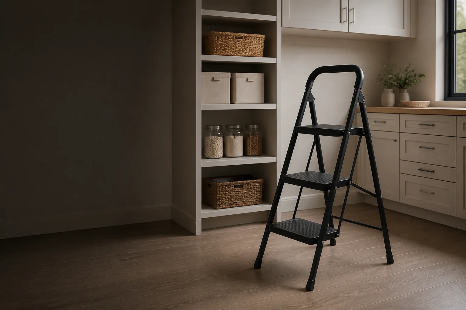 WF30H black three-step folding ladder in a modern pantry