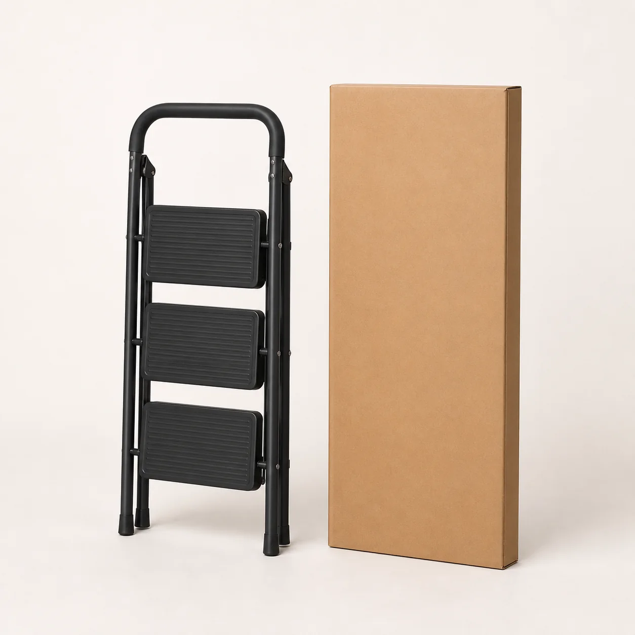 WF30H folded black three-step ladder beside a slim kraft shipping carton