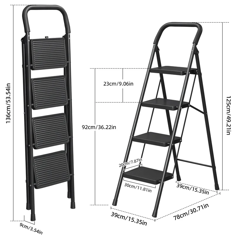 WF30HC black four-step folding ladder open and folded