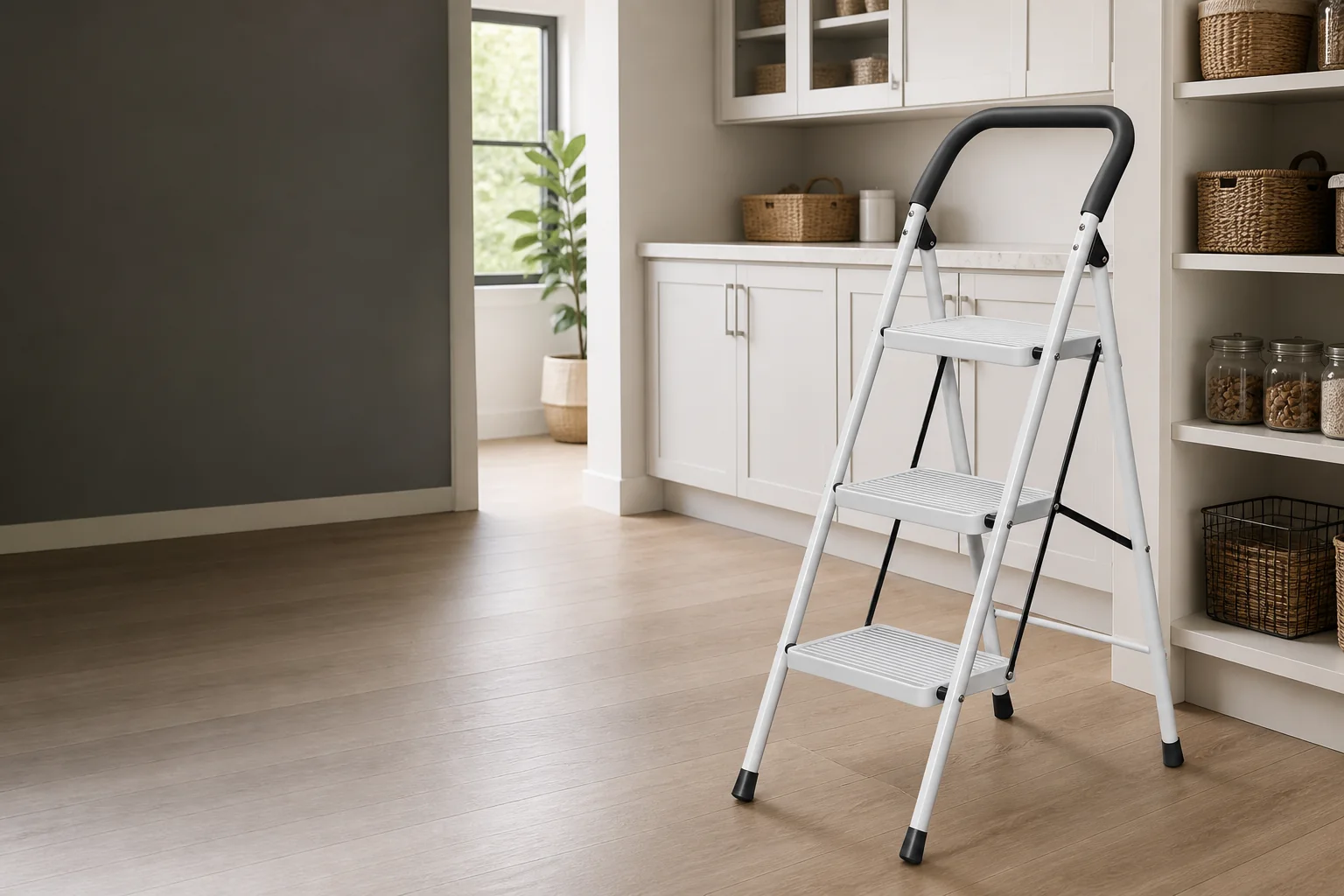 WF30HC white three-step folding ladder in a bright kitchen pantry