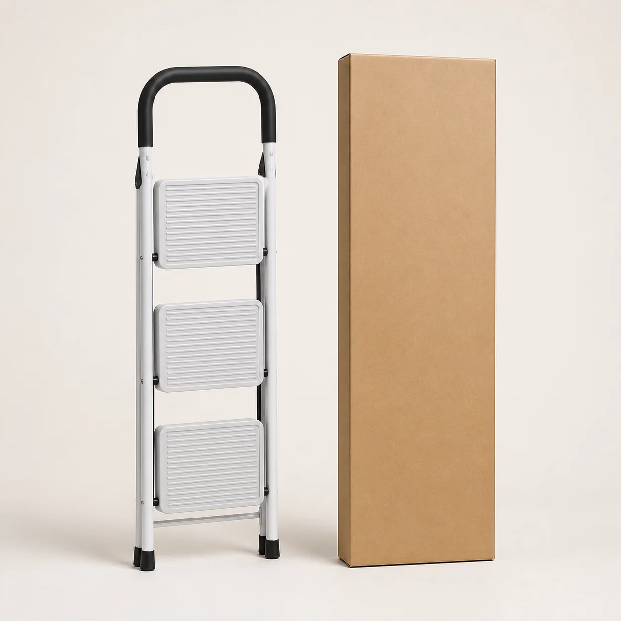 WF30HC folded white three-step ladder beside a slim kraft shipping carton