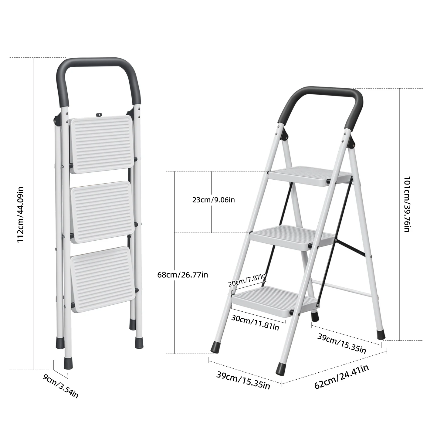 WF30HC white three-step ladder open and folded dimensions