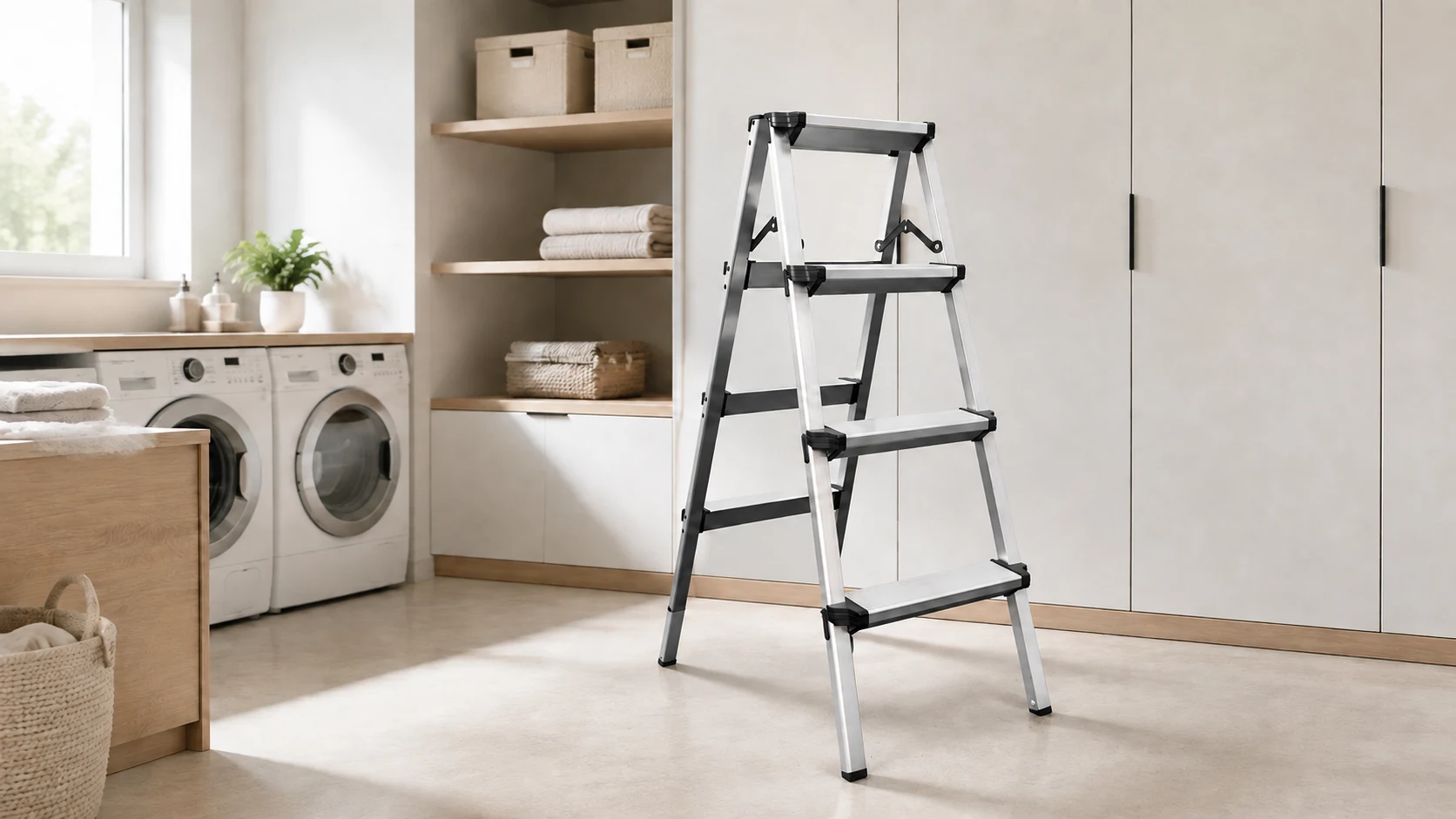 WL8A aluminum folding step ladder in a modern household utility room